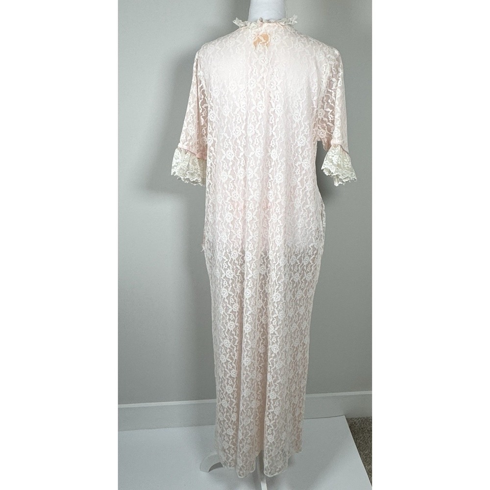 Vintage Pink Lace Maxi Robe Sheer Overlay Pockets Tie Waist Romantic M READ - Picture 4 of 16